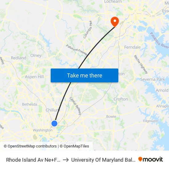 Rhode Island Av Ne+Franklin St NE to University Of Maryland Baltimore (Umbc) map