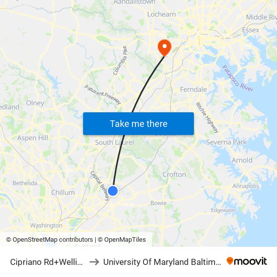 Cipriano Rd+Wellington Pl to University Of Maryland Baltimore (Umbc) map