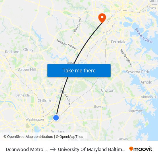 Deanwood Metro Station to University Of Maryland Baltimore (Umbc) map