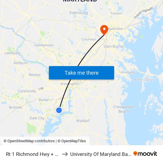 Rt 1 Richmond Hwy + Jeff Todd Way to University Of Maryland Baltimore (Umbc) map