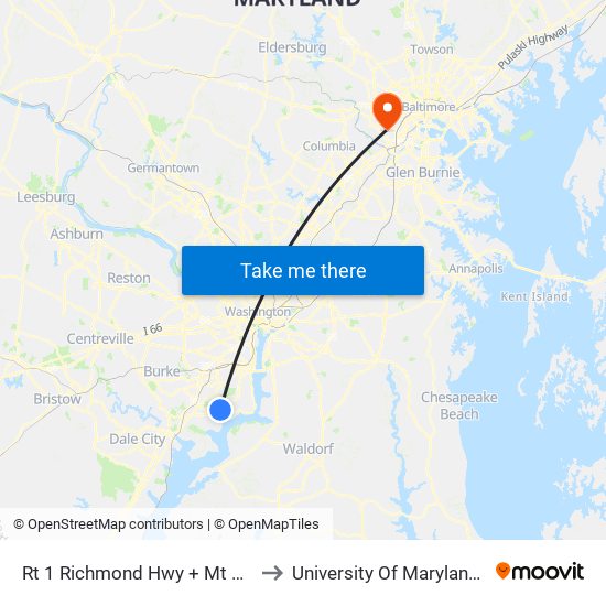 Rt 1 Richmond Hwy + Mt Vernon Memorial Pkwy to University Of Maryland Baltimore (Umbc) map