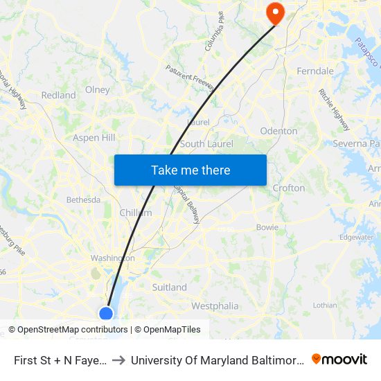 First St + N Fayette St to University Of Maryland Baltimore (Umbc) map