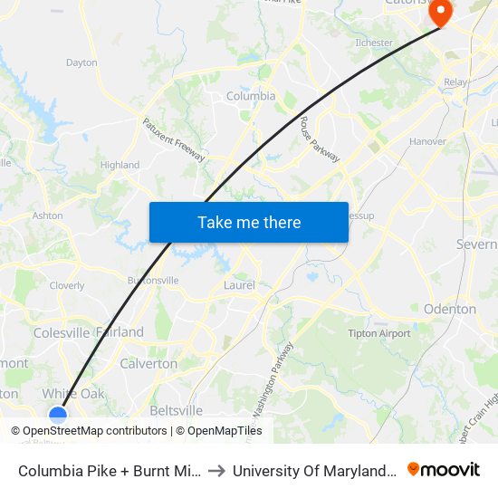 Columbia Pike + Burnt Mills Shopping Center to University Of Maryland Baltimore (Umbc) map