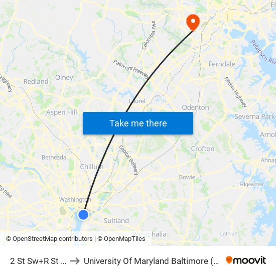 2 St Sw+R St SW to University Of Maryland Baltimore (Umbc) map