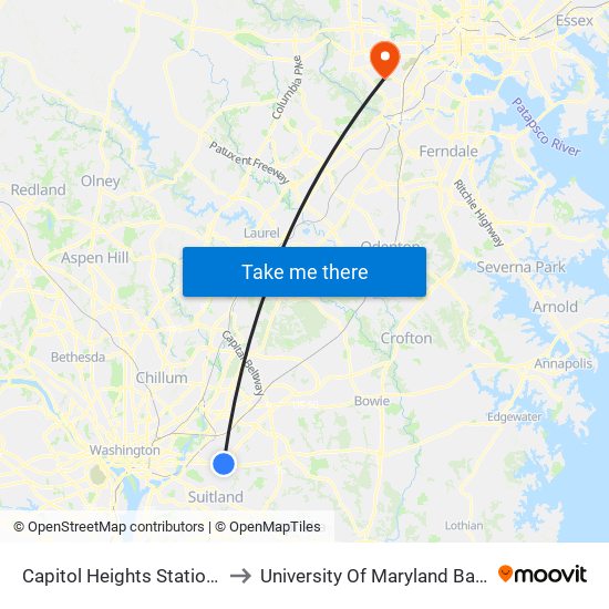 Capitol Heights Station + Bus Bay B to University Of Maryland Baltimore (Umbc) map