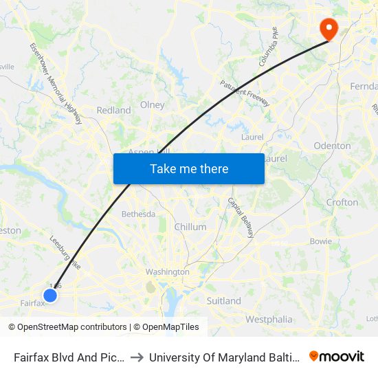 Fairfax Blvd And Pickett Road to University Of Maryland Baltimore (Umbc) map