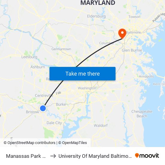 Manassas Park Station to University Of Maryland Baltimore (Umbc) map