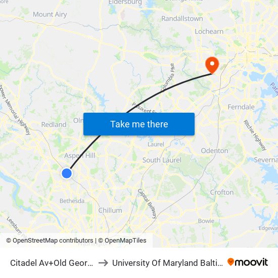 Citadel Av+Old Georgetown Rd to University Of Maryland Baltimore (Umbc) map