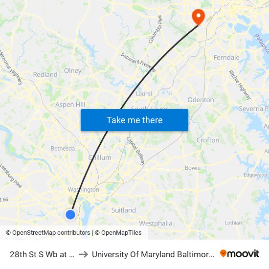 28th St S Wb at 1501 to University Of Maryland Baltimore (Umbc) map