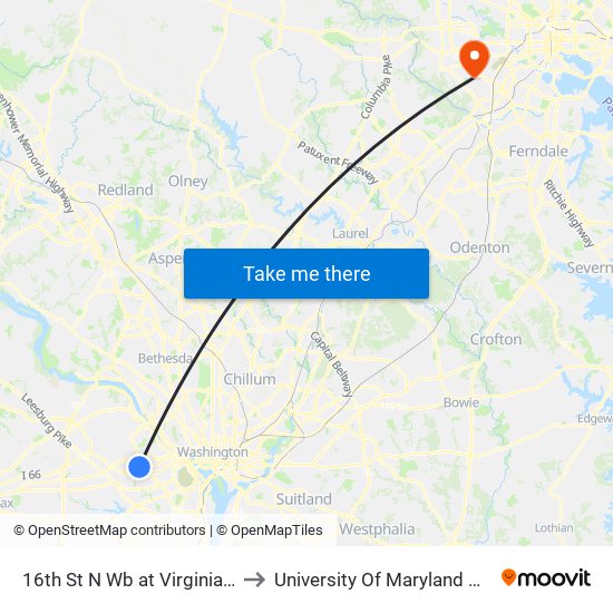 16th St N Wb at Virginia Hospital Center to University Of Maryland Baltimore (Umbc) map