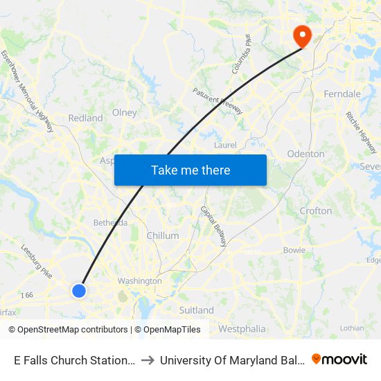 E Falls Church Station + Bus Bay D to University Of Maryland Baltimore (Umbc) map