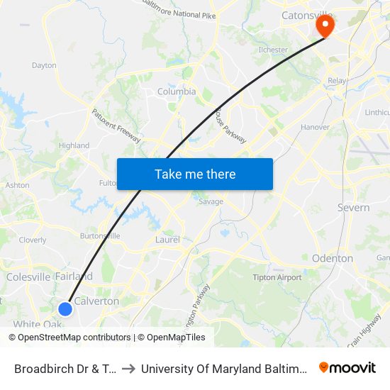 Broadbirch Dr & Tech Rd to University Of Maryland Baltimore (Umbc) map