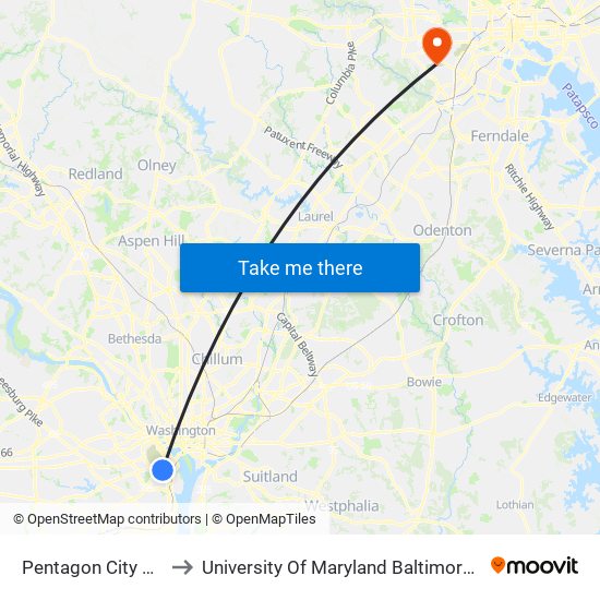 Pentagon City Metro to University Of Maryland Baltimore (Umbc) map