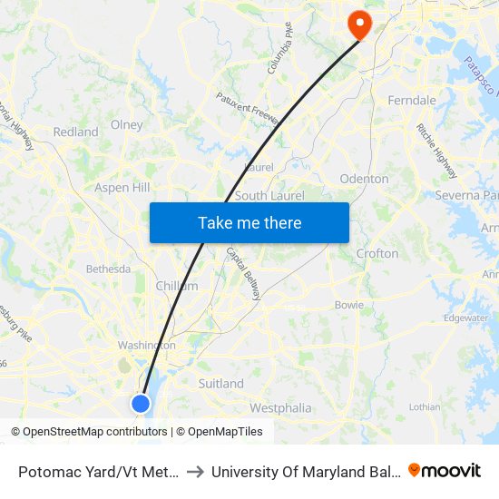 Potomac Yard/Vt Metrorail Station to University Of Maryland Baltimore (Umbc) map