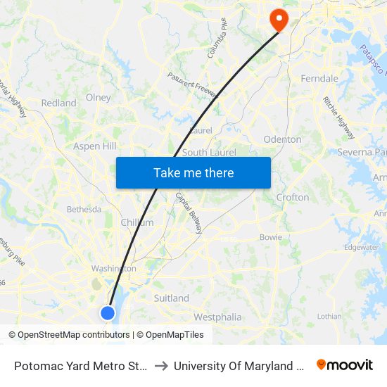 Potomac Yard Metro Station - Bus Bay B to University Of Maryland Baltimore (Umbc) map