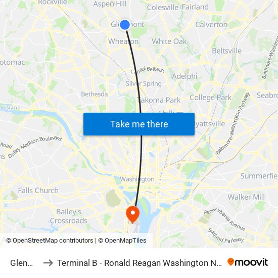 Glenmont to Terminal B - Ronald Reagan Washington National Airport map