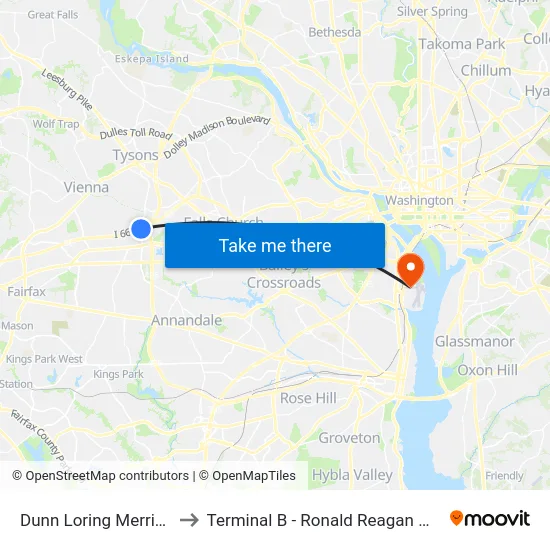 Dunn Loring Merrifield Metro Station to Terminal B - Ronald Reagan Washington National Airport map