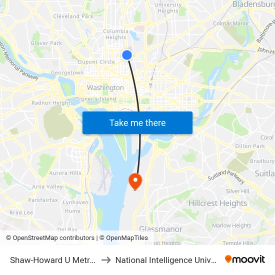 Shaw-Howard U Metro Station to National Intelligence University (Niu) map
