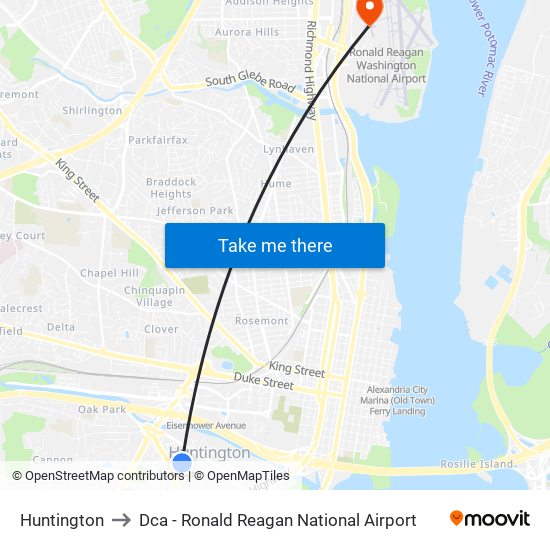 Huntington to Dca - Ronald Reagan National Airport map