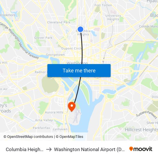 Columbia Heights to Washington National Airport (Dca) map