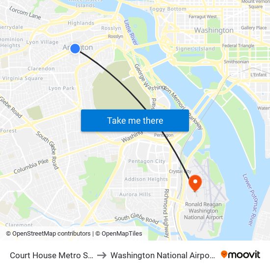 Court House Metro Station to Washington National Airport (Dca) map