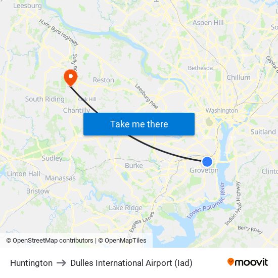 Huntington to Dulles International Airport (Iad) map