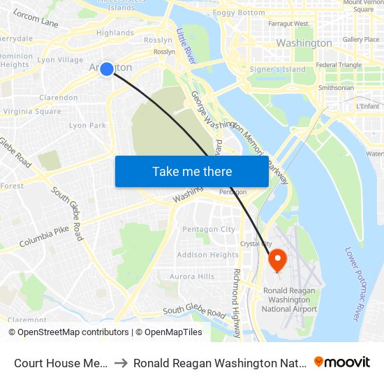 Court House Metro Station to Ronald Reagan Washington National Airport (Dca) map