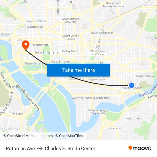 Potomac Ave to Charles E. Smith Center map