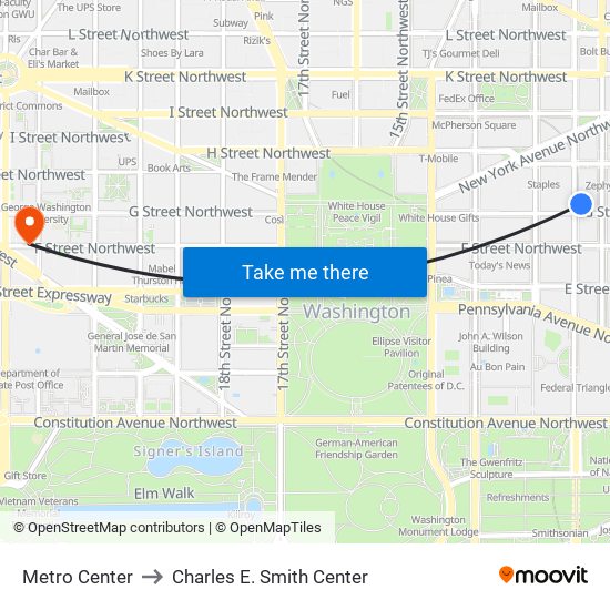 Metro Center to Charles E. Smith Center map