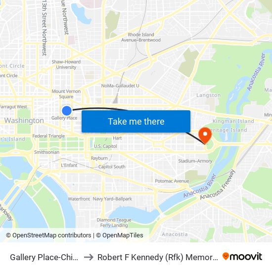 Gallery Place-Chinatown to Robert F Kennedy (Rfk) Memorial Stadium map