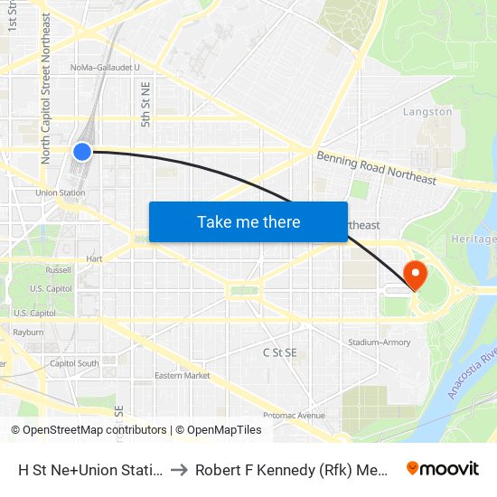 H St Ne+Union Station Garage to Robert F Kennedy (Rfk) Memorial Stadium map