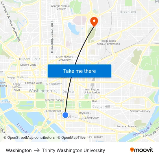 Washington to Trinity Washington University map