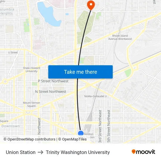 Union Station to Trinity Washington University map