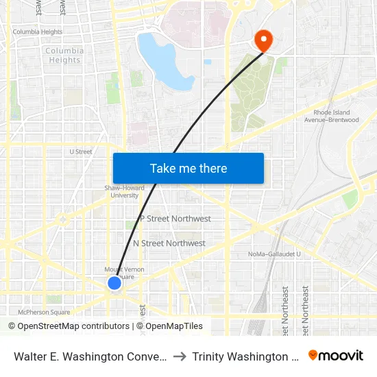 Walter E. Washington Convention Center to Trinity Washington University map