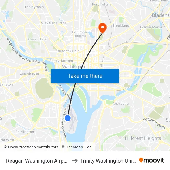 Reagan Washington Airport DCA to Trinity Washington University map