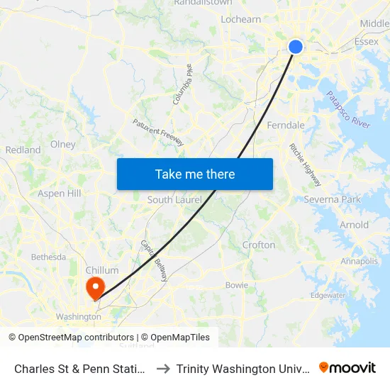 Charles St & Penn Station Nb to Trinity Washington University map