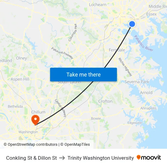 Conkling St & Dillon St to Trinity Washington University map