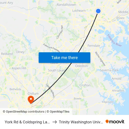 York Rd & Coldspring Lane Sb to Trinity Washington University map
