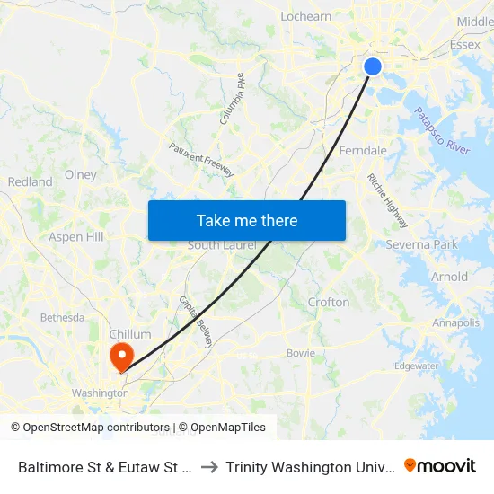 Baltimore St & Eutaw St FS Eb to Trinity Washington University map