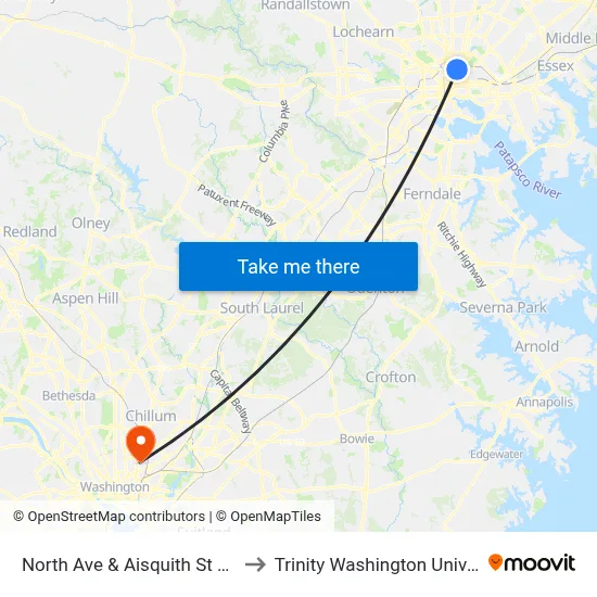 North Ave & Aisquith St FS Wb to Trinity Washington University map