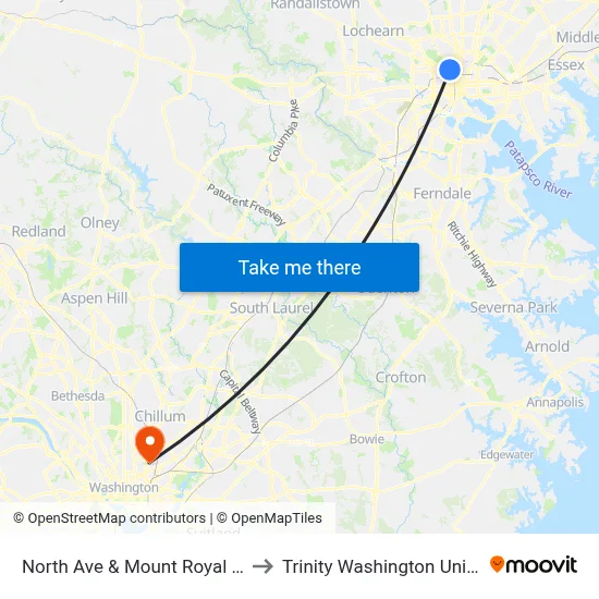 North Ave & Mount Royal Ave Eb to Trinity Washington University map