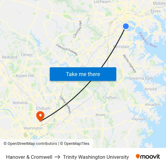 Hanover & Cromwell to Trinity Washington University map