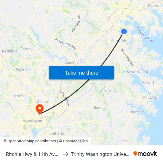 Ritchie Hwy & 11th Ave Sb to Trinity Washington University map