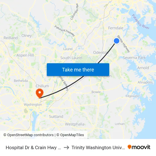Hospital Dr & Crain Hwy FS Eb to Trinity Washington University map
