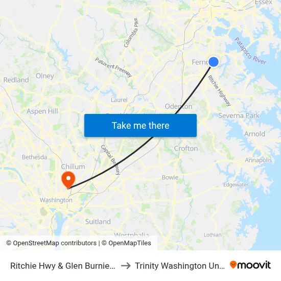 Ritchie Hwy & Glen Burnie Mall Nb to Trinity Washington University map