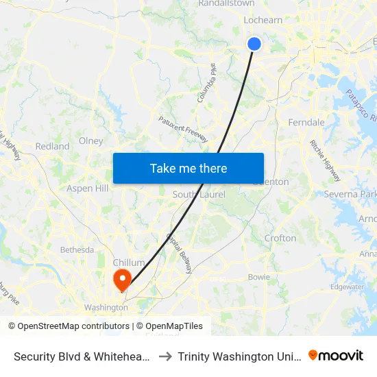 Security Blvd & Whitehead Rd Eb to Trinity Washington University map
