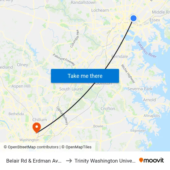 Belair Rd & Erdman Ave Nb to Trinity Washington University map