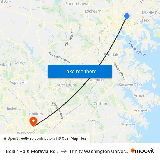 Belair Rd & Moravia Rd Sb to Trinity Washington University map