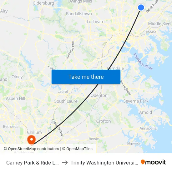 Carney Park & Ride Lot to Trinity Washington University map
