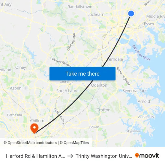 Harford Rd & Hamilton Ave Sb to Trinity Washington University map